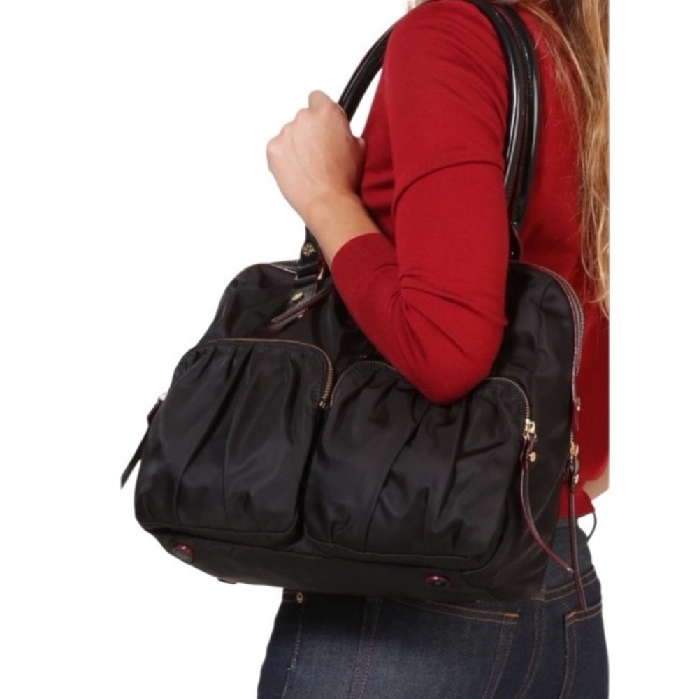 MZ WALLACE Black Shoulder Bag Jane Bedford Nylon Multi Pockets Red Lining